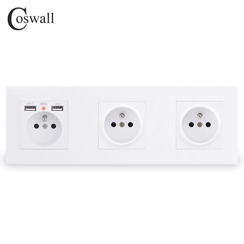 Coswall tredobbelt fransk standard stikkontakt med 2 usb opladningsport skjult blød led-indikator  e20- serie pc-panel sort hvid grå: Hvid