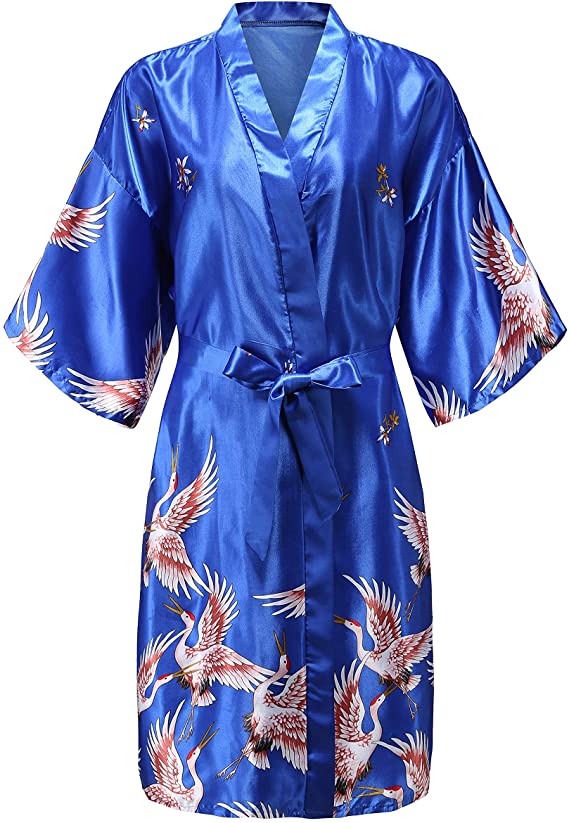 Bata de satén de seda para boda, bata de dama de honor, albornoz Floral, Kimono corto, bata de noche, bata de baño, bata de para mujer: S / Azul