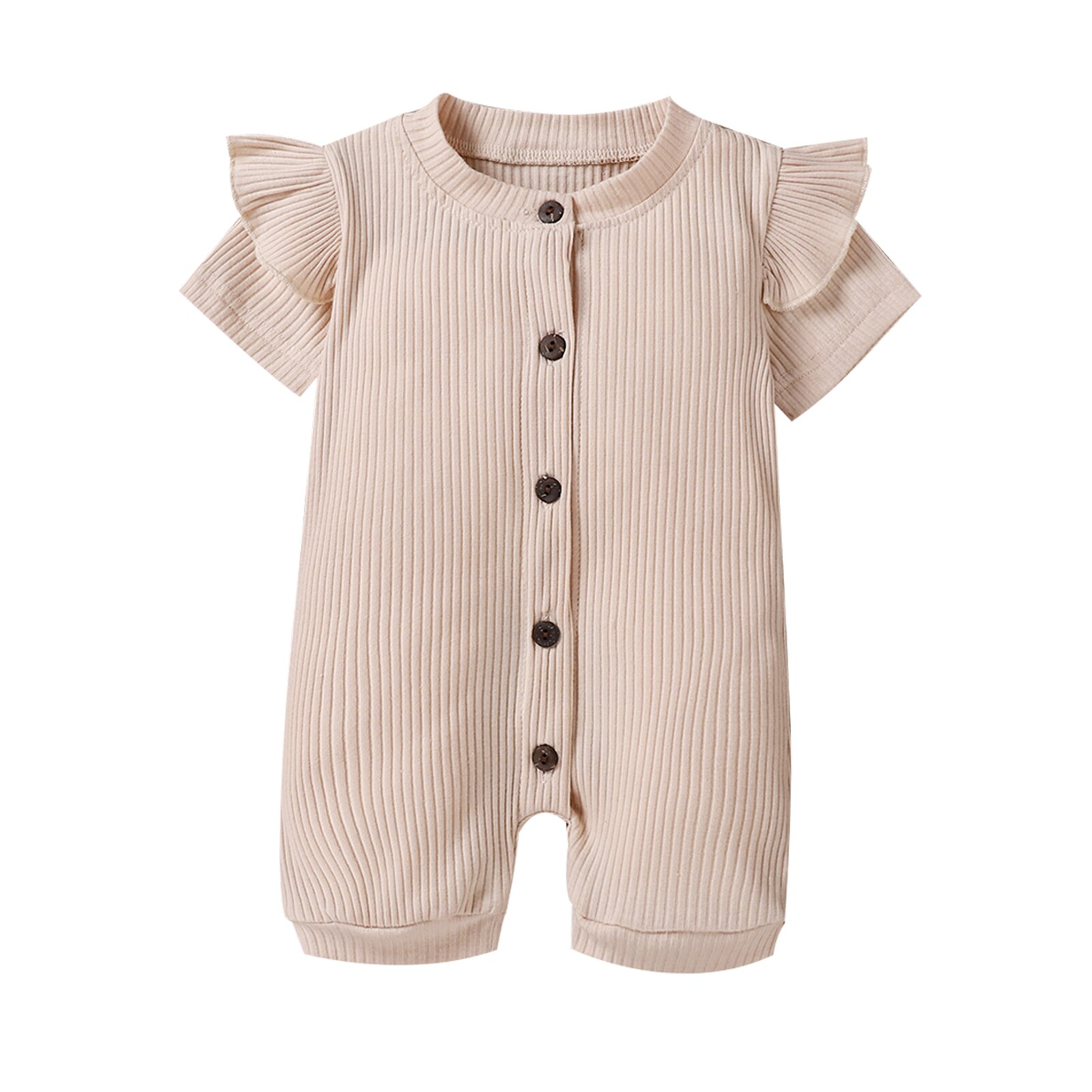 Combinaisons d'été pour tout-petits, barboteuses côtelées à manches courtes et col rond de couleur unie pour bébés filles de 0 à 18 mois: Beige / 18M