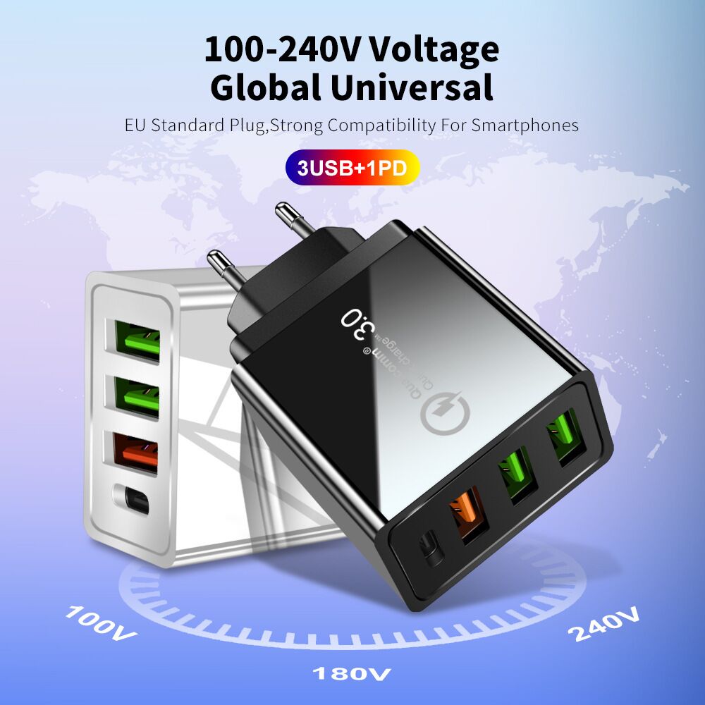3 USB Plus 1 PD mobile phone charger QC 3.0 Support For EU, UK,US standard fast charge porous charging head 3U adapter