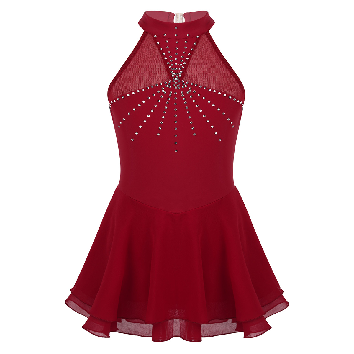 TiaoBug Kids Teens Mouwloze Sparkly Steentjes Mesh Splice Figuur Schaatsen Jurk Meisjes Ballet Gymnastiek Turnpakje Dans Slijtage: Burgundy / 8