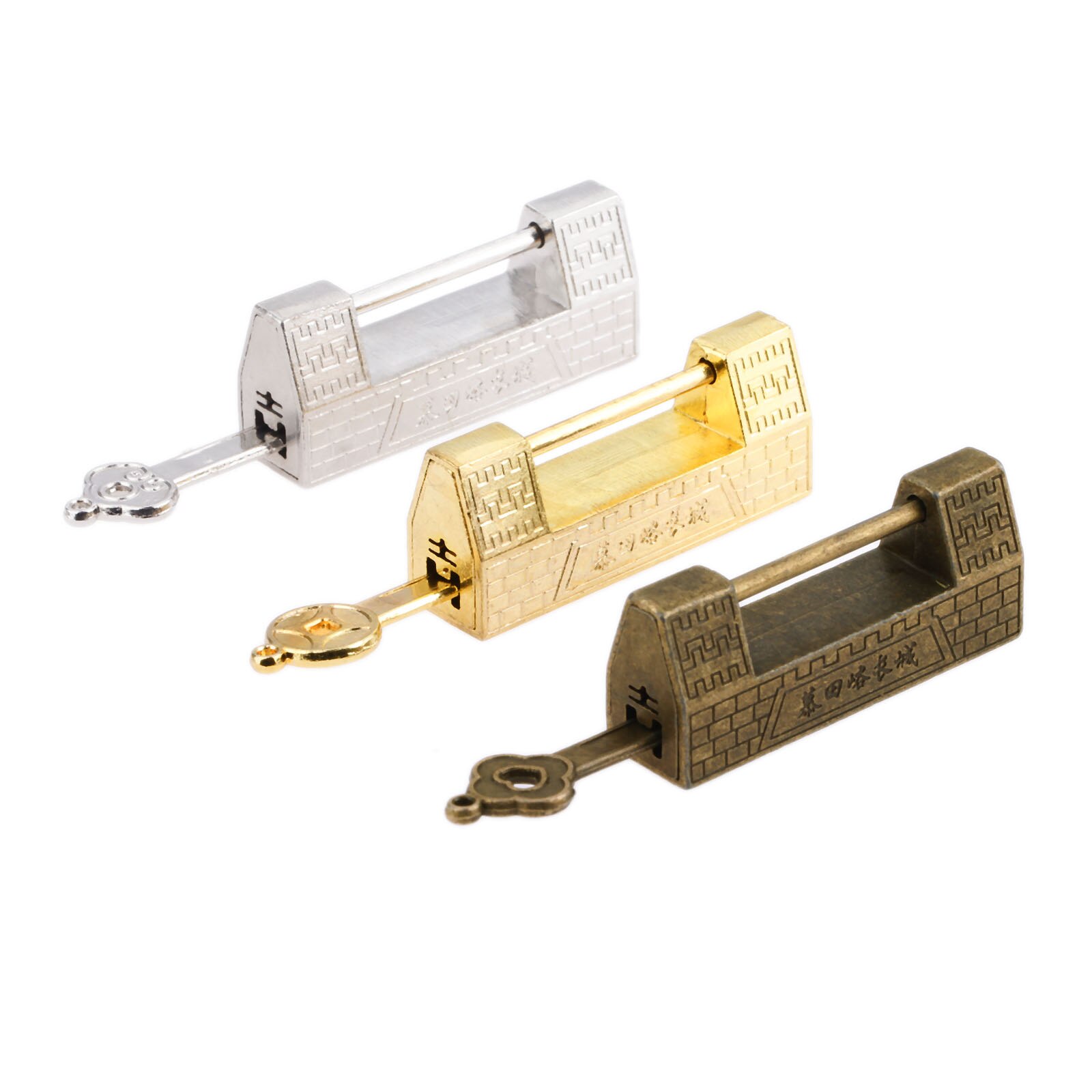 Vintage Slot Met Sleutel Grote Muur Patroon Hangslot Goud/Zilver/Brons Antieke Oude Chinese Sieraden Houten Doos Case lade Kast