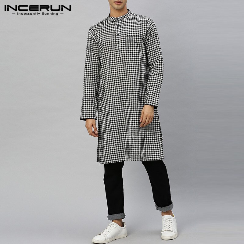 Incerun vintage lange overhemden heren geruite overhemden lange mouwen opstaande kraag camisa man losse knopen zak islamitische arabische tops