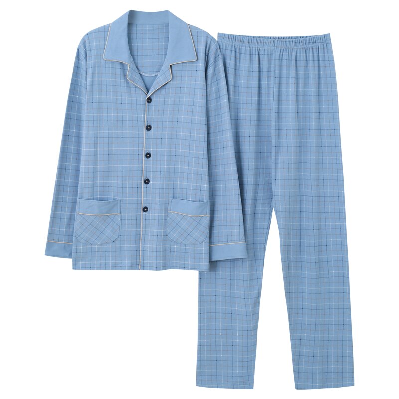 Efterår herrepyjamas strikket bomuldspyjamas til herre nattøj langærmet stribet pyjamas afslappet blød plus size 3xl hjemmetøj til mænd