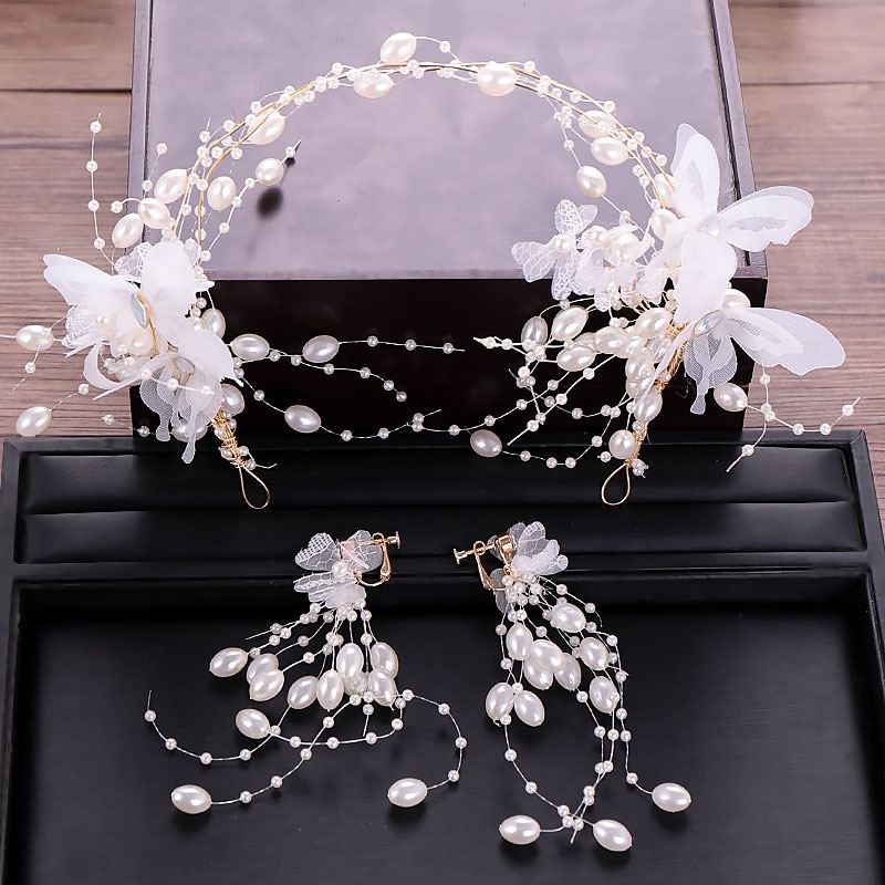 FORSEVEN White Silk Handmade Butterfly Headband Tassel Earrings Bride Tiaras Headpiece Wedding Hair Accessies Jewelry Set JL