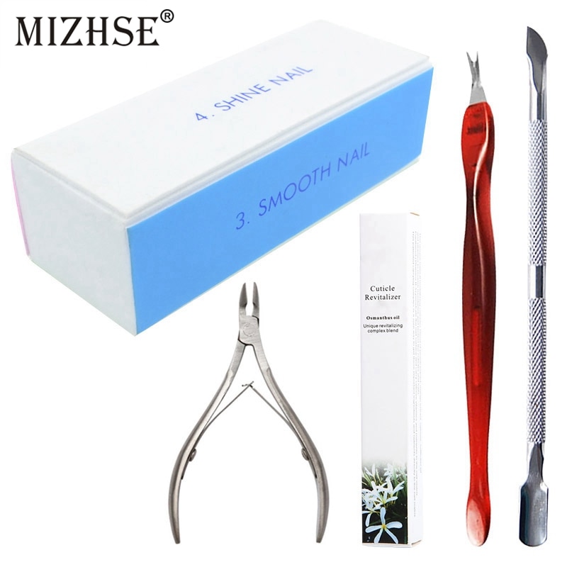 MIZHSE 5pcs Manicure Gereedschap Kit Nail Cuticle Nipper Tool Spoon Pusher Remover Cutter Clipper Nail Blok Nagelriemolie Pen voor Nagels
