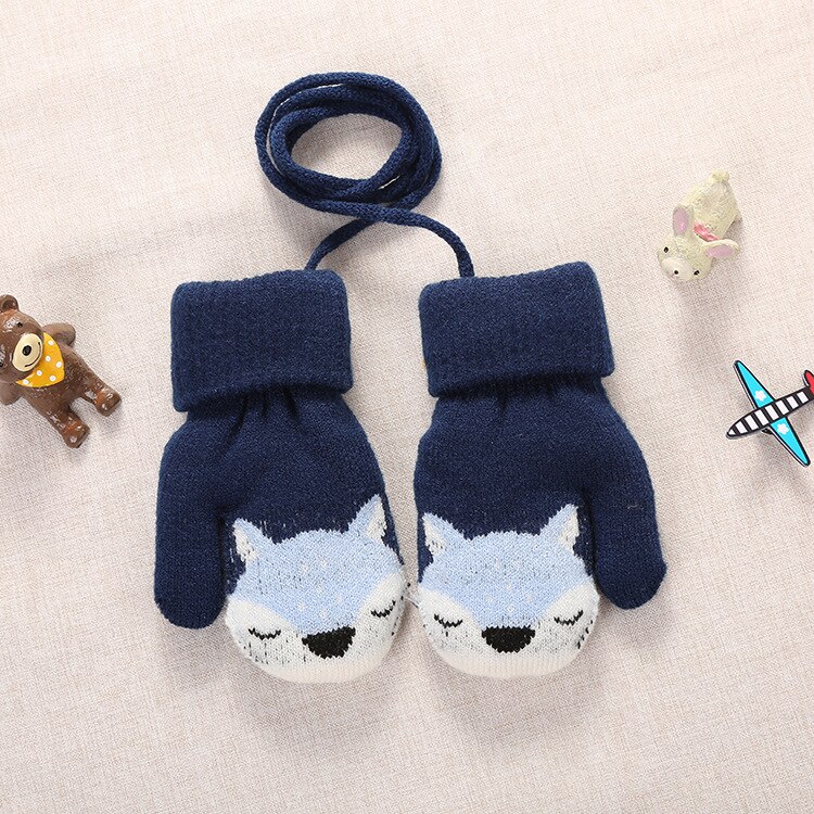 0-3 Y mignon dessin animé renard bébé gants hiver tricoté laine nourrissons moufles Thicke pleine corde gants pour garçons filles tout-petits: navy