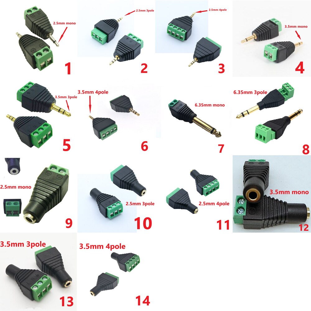 2.5mm 3.5mm 6.35mm 3/32 " 1/8 " 1/4 " jack stereo hane hona video av balun skruv 2 poler 3 poler 4 poler terminal kontakt kontakt