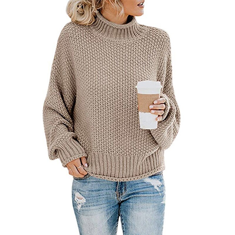 Knitted Turtleneck Warm Women's Sweater Autumn Long Lantern Sleeve Female Sweaters Winter Casual Solid Ladies Pullover: Khaki