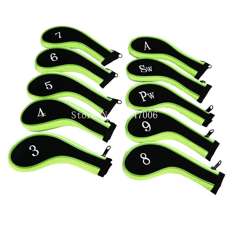 10Pcs Rubber Neoprene Head Cover Golf Club Iron Putter Protect Set Number Printed with Zipper Long Neck Iron Covers: Green Black