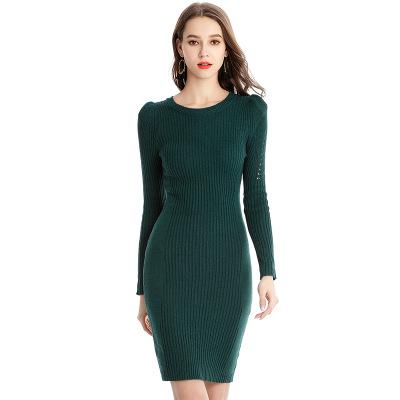 Suvance Spring Autumn Casual Knitted Solid Color Patchwork O Neck Long Sleeve Slim Elastic Women Mini Dress: Green