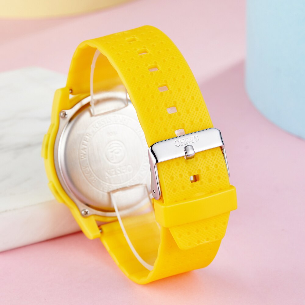 OHSEN Digitale Frauen Sport Uhren Wasserdichte Gelbe LED freundlicher Uhr Multi funktion Junge Mädchen Armbanduhr montre femme