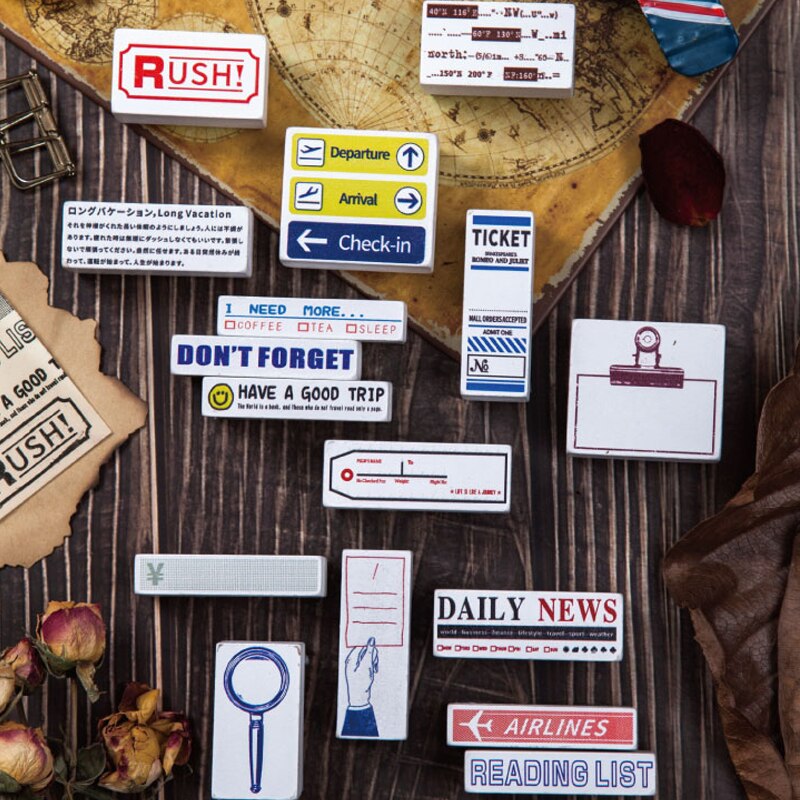 Vintage flyselskaber serie træ segl rejseliste noter dekoration gummi stempel sæt til gør-det-selv scrapbog dekoration prægning
