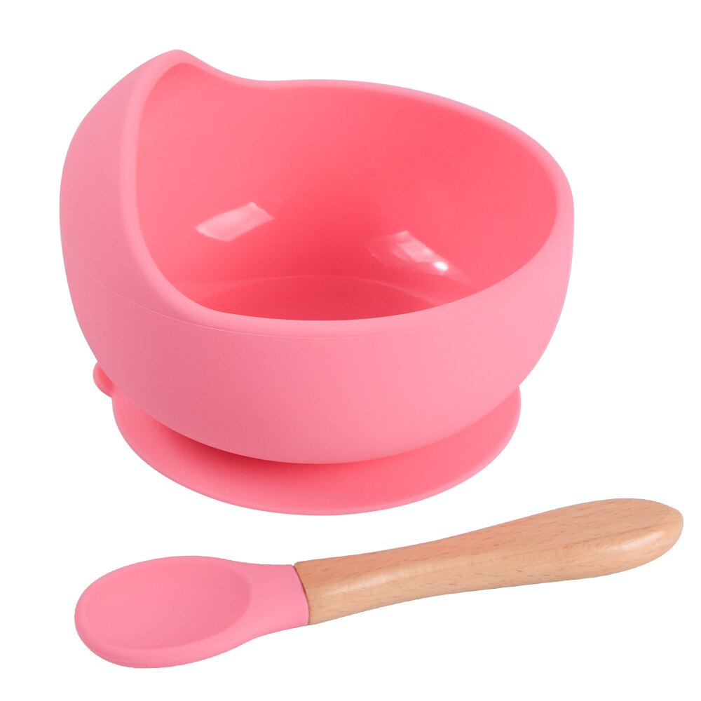 Tazón de silicona para bebé, vajilla de alimentación, cuchara de madera, cuenco de succión impermeable, platos antideslizantes, productos de cocina: Rose