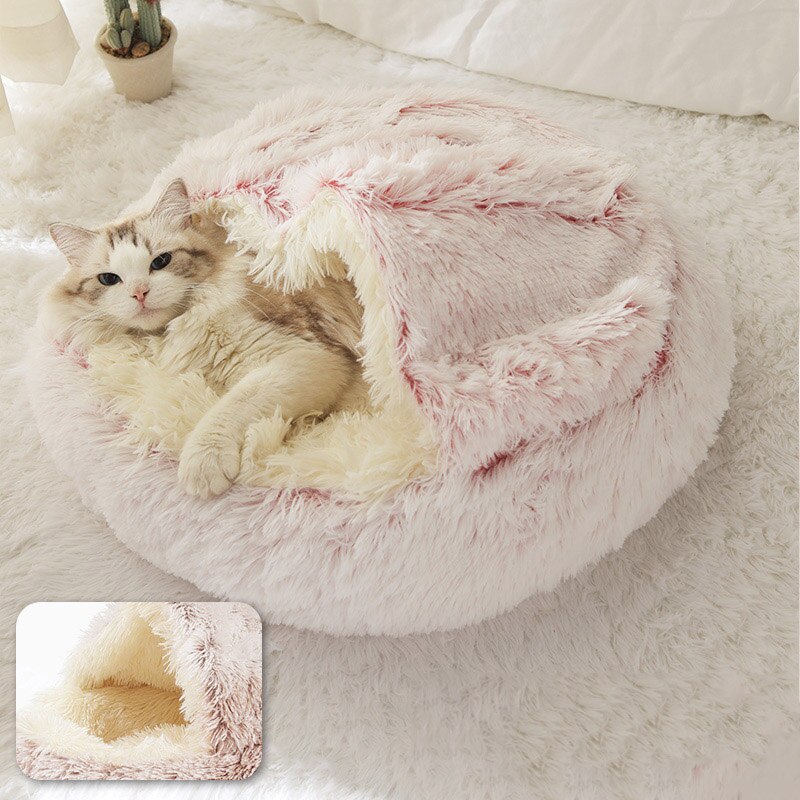 Pluche warme kattengrotbed met capuchon, knus zacht pluche hondenbed, zelfverwarmend knuffelbed, slaapbednest voor honden, katten en puppy's: Roze lange pluche / 40cm