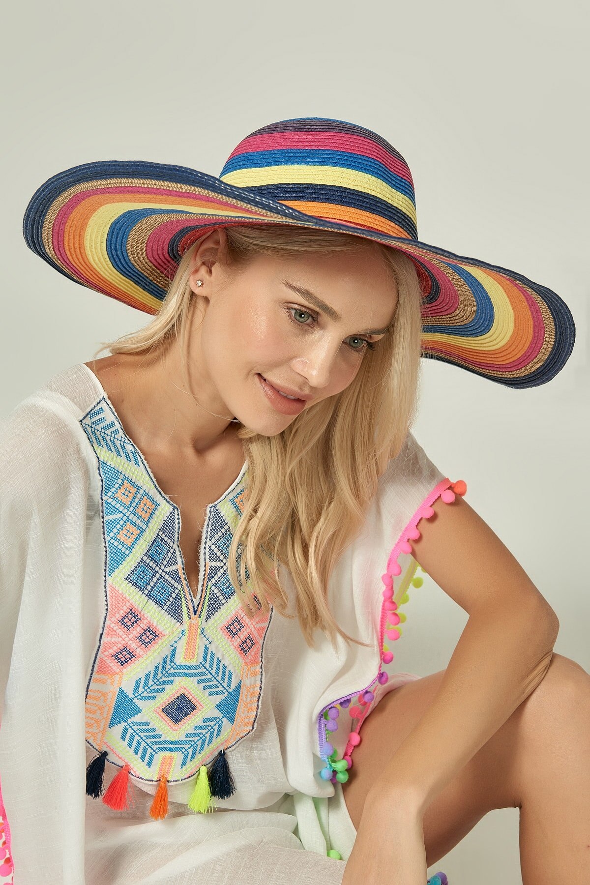 Multi Color Straw beach Hat summer modern stylish rainbow sun hat for big 57cm