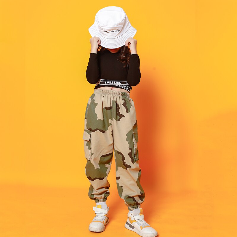Kids Hip Hop outfits Black Swearshirt Camouflage Pants dancing clothing Girls carnival Jazz Dance Costume Clothes Stage Wear