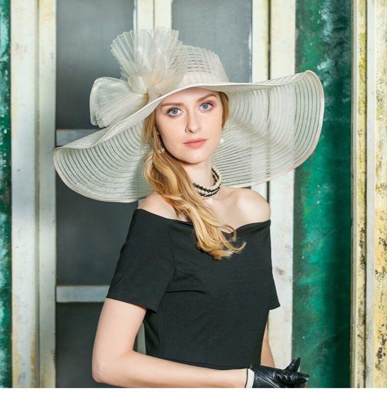 Women Fedoras Hat Organza Wide Brim Church Sinamay Hats Lady Flowers Wedding Dress Hat Kentucky Derby Party Hat B-8201: Default Title