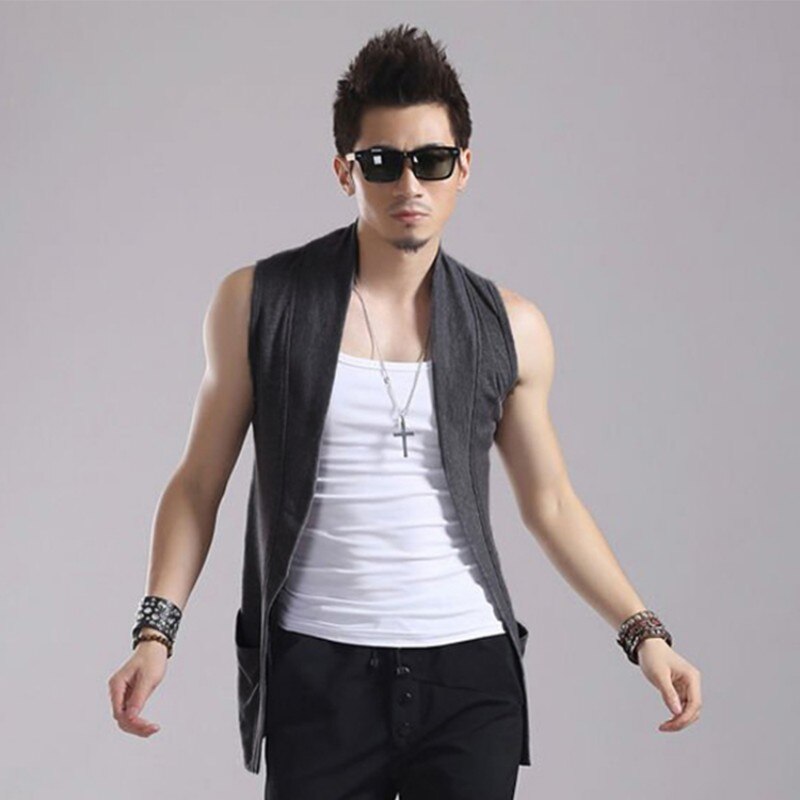 estilo japonés para hombre Casual verano sin mangas chalecos de longitud media ningún botón abierto Stitch ropa de calle chaleco masculino de talla grande: Dark Grey / M