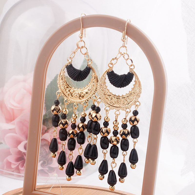 Pendientes colgantes de flores bohemios para mujer, aretes largos de acrílico con cuentas y borlas, joyería de boda,: E1795-Black