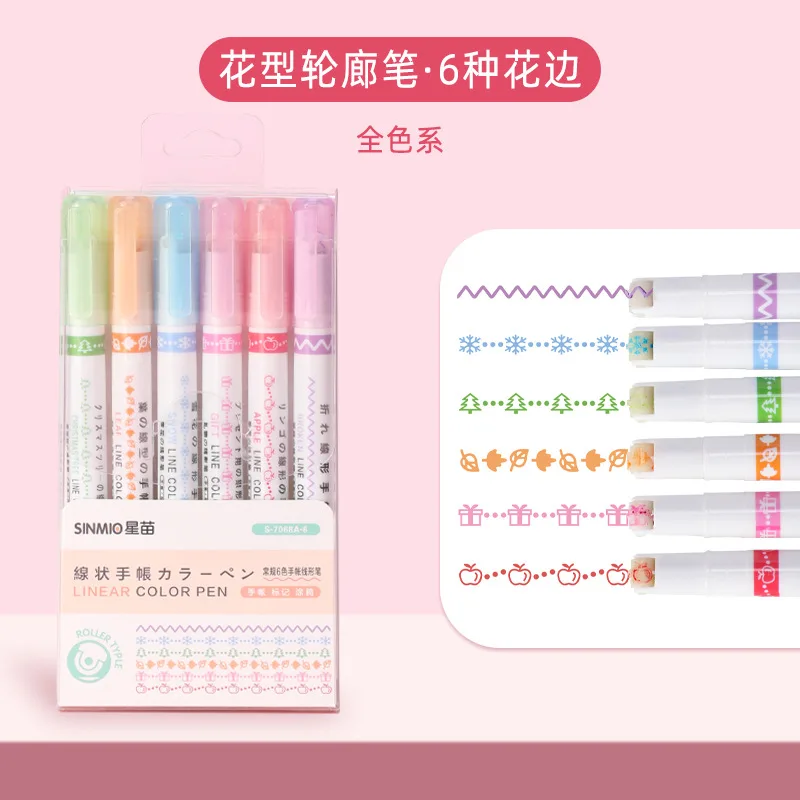 3/6 stks/set Kawaii Bloemen Lijnvormige Markeerstiften Roller Tip Curve Liner Marker voor Schrijven Journaling Tekening briefpapier: Black