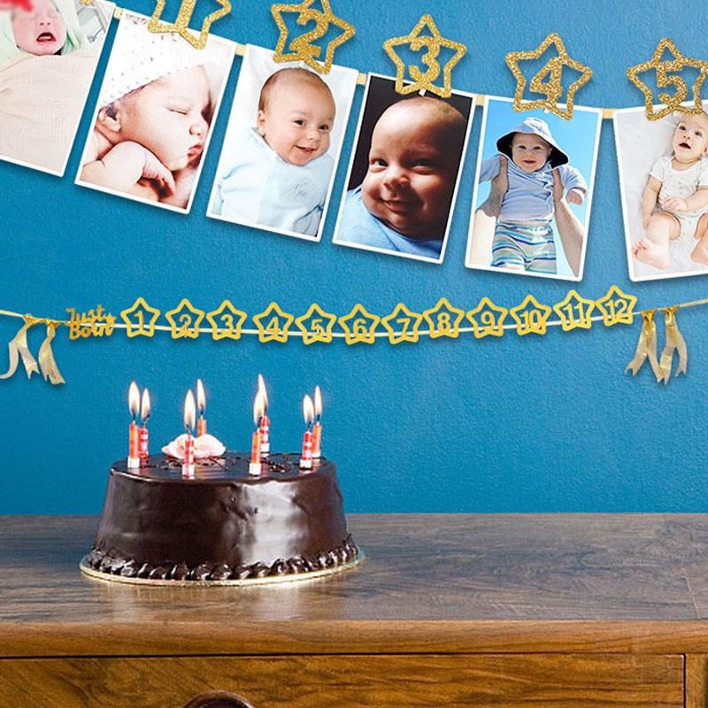 Newest 1set 0-12 Month Baby Photo Banner With Clip Baby Shower Gold Banner 1st Birthday Party Decorations Cartoon Hat