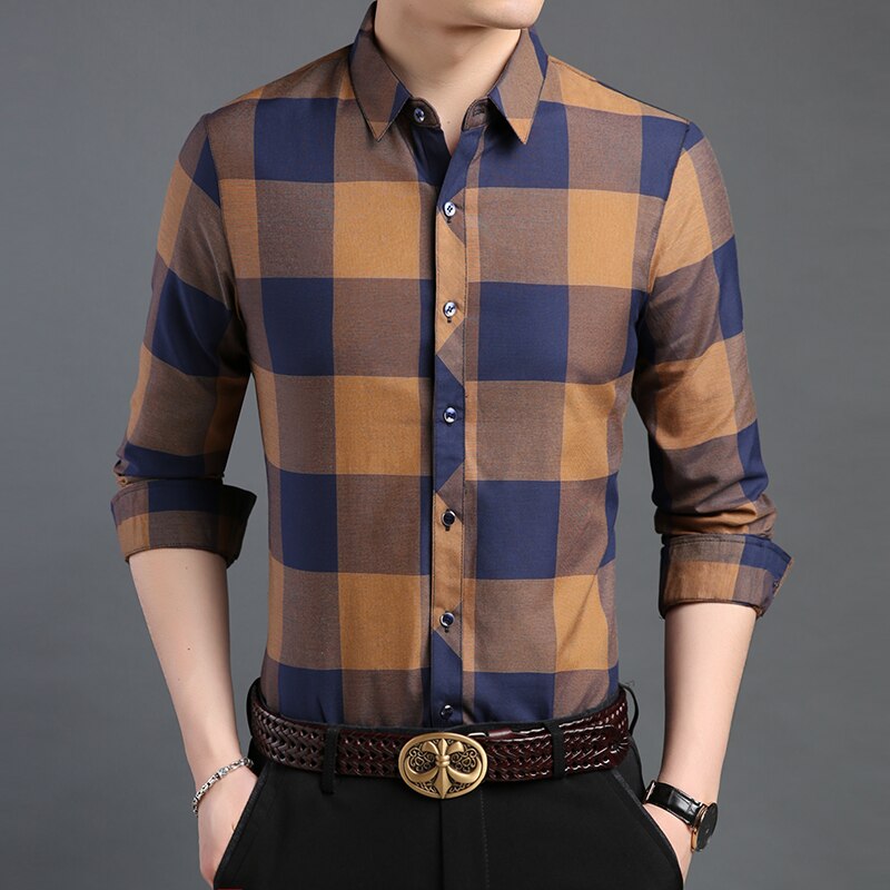 de chemise homme Plaid coupe ajustée vêtements de rue à manches longues bouton Up coréen entraînement décontracté hommes vêtements