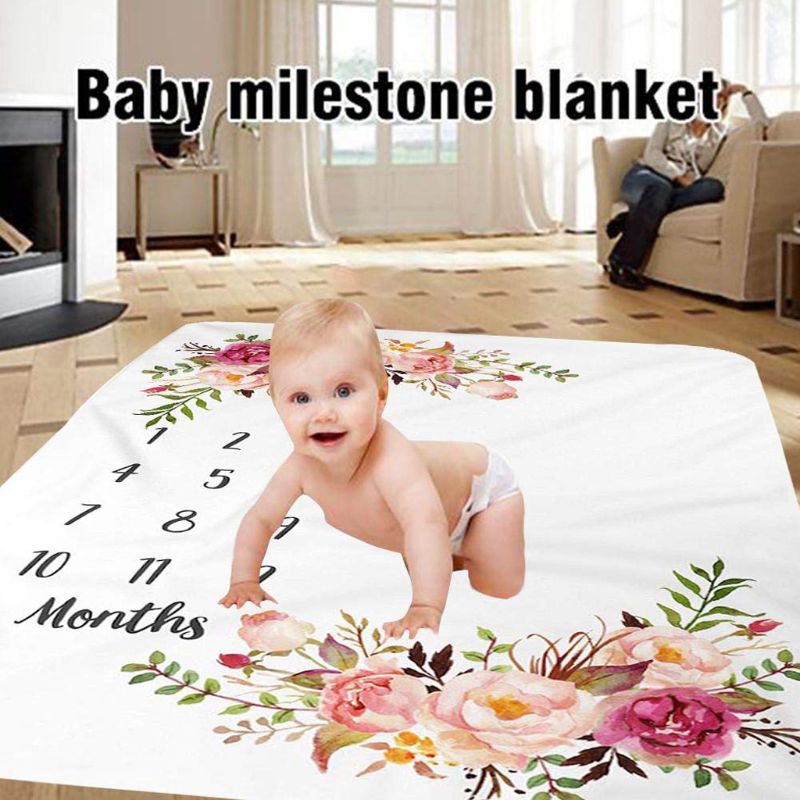 Baby Milestone Blanket Flannel Newborn Photo Prop Backdrop with Monthly Growth Chart for Girl and Boy