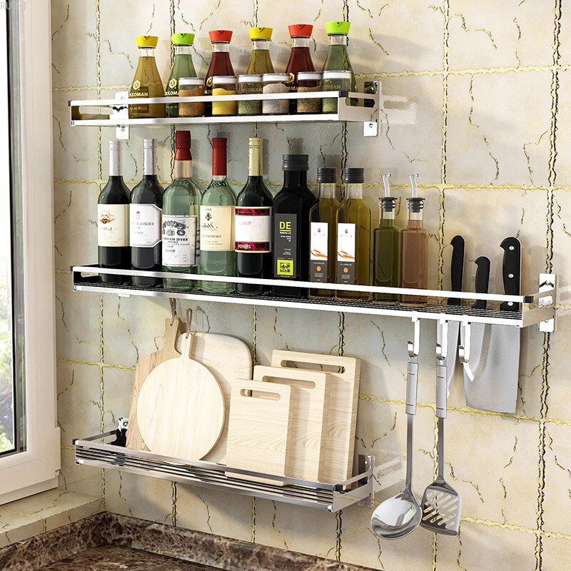 304 Stainless Steel Kitchen Rack Wall Hanging Type Punch Free Seasoning Frame Save Space Supplies Wall Mounted Kitchen Rack