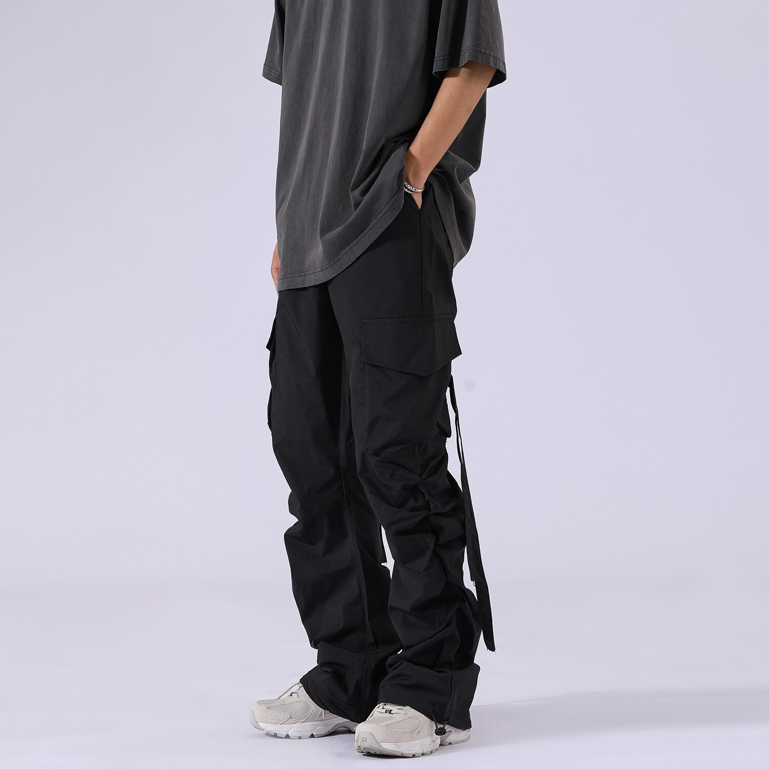 Pantalones acampanados plisados de color caqui para hombre y mujer, peto acampanado de estilo Hip Hop con múltiples bolsillos y cordón, 2022
