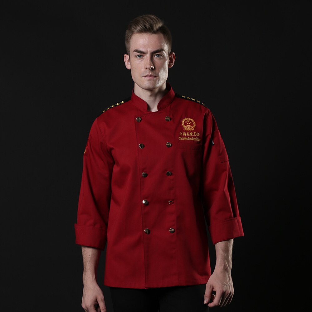 Chinese cuisine cooking embroidery chef breathable jacket kitchen Baking Coffee shop restaurant chef uniform custom: Red chef suit / M