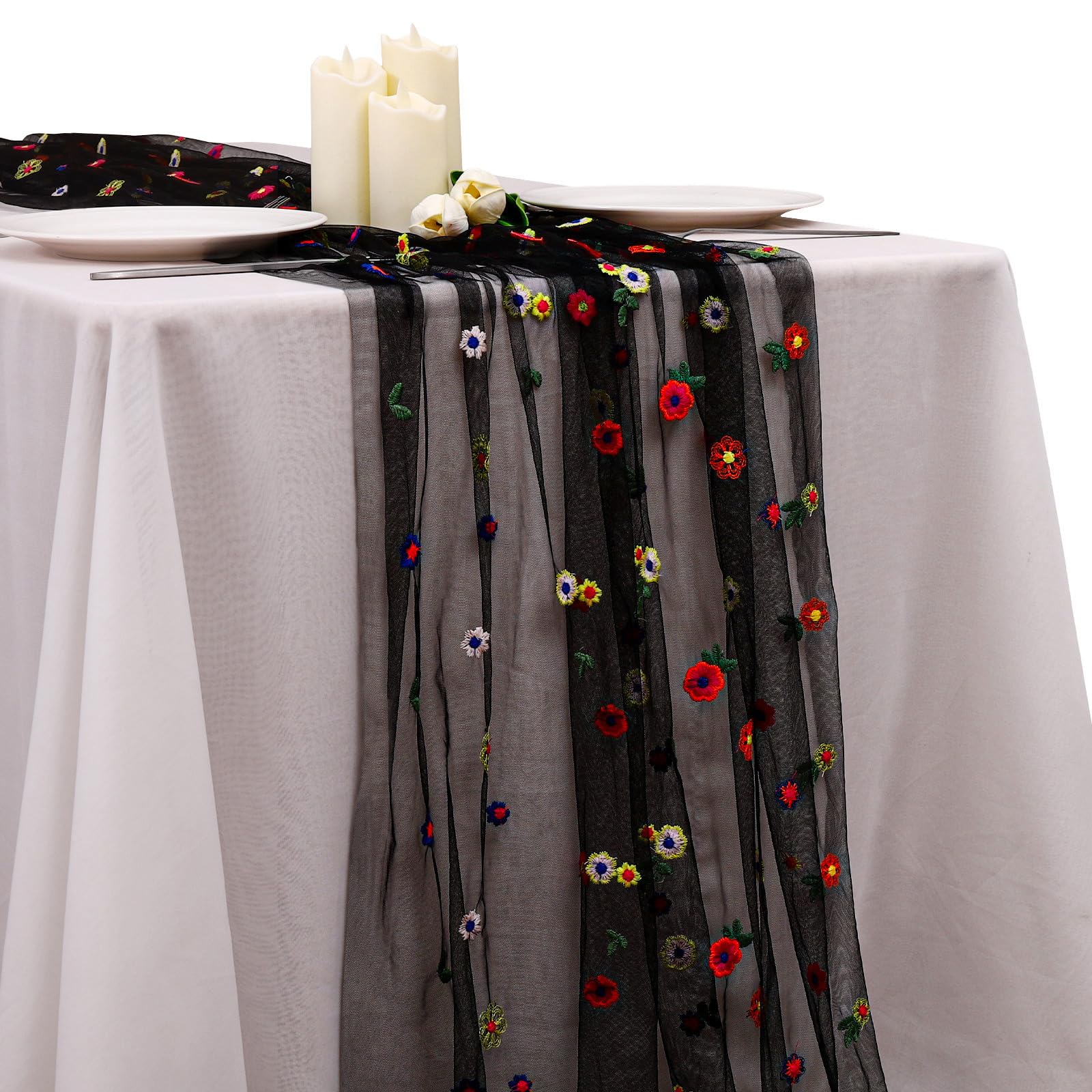 Svart prästkrage höstbordslöpare broderad gasväv blommor säsongsbetonad tyll födelsedag kök matbordsdekoration för hemmafest