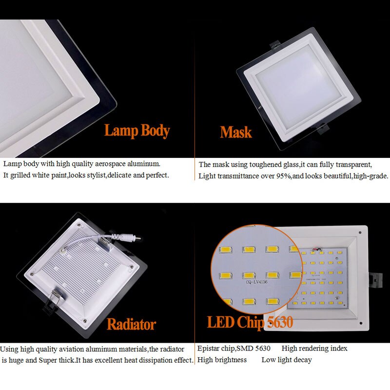 Panel de luces LED regulable para el hogar, lámparas empotradas de alto brillo, cuadradas de cristal, SMD5730, AC110V, AC220V