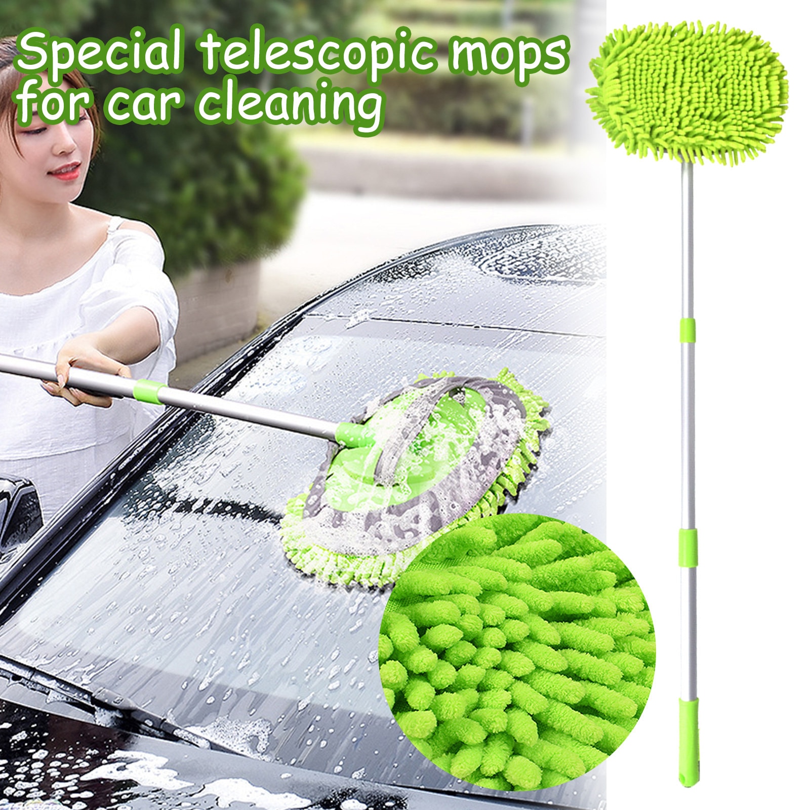 Mopa de limpieza de coche con mango desmontable largo, mopa de limpieza superabsorbente, cepillos para coche, mopa, herramienta de lavado de ventana, mopa de cera de polvo suave