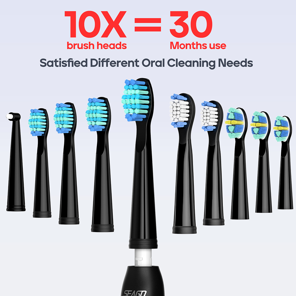 Seago Upgrade Elektrische Tandenborstel Bekerhouder 10 Stuks Opzetborstels 5 Borstelmodi Volwassenen Borstel Zwart Wit