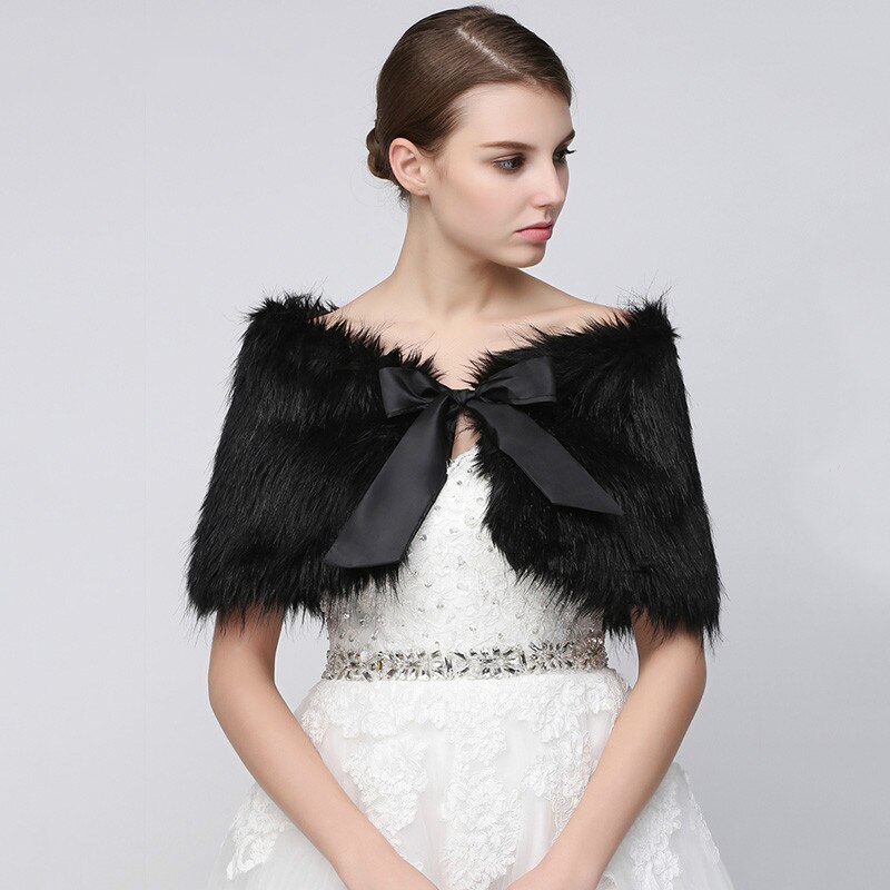 In Stock Wedding Bridal Wraps Black Faux Fur Bolero Winter Bride Wedding Shawls with Bow Wedding Accessories