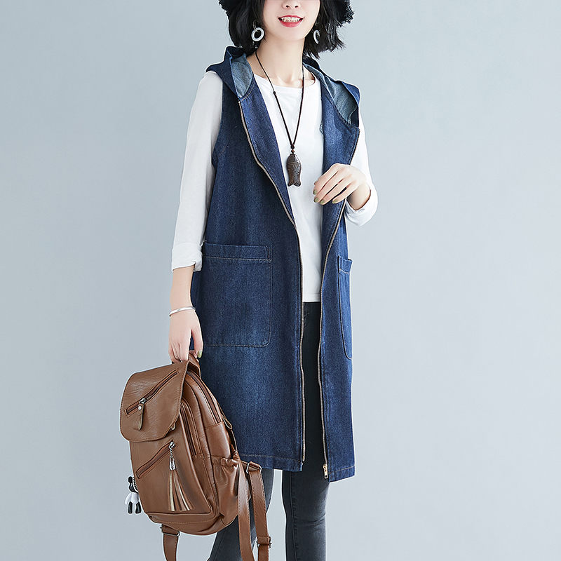 Chaleco vaquero largo sin mangas para mujer, chaqueta vaquera con capucha, Tops de talla grande coreana, r126, Otoño,