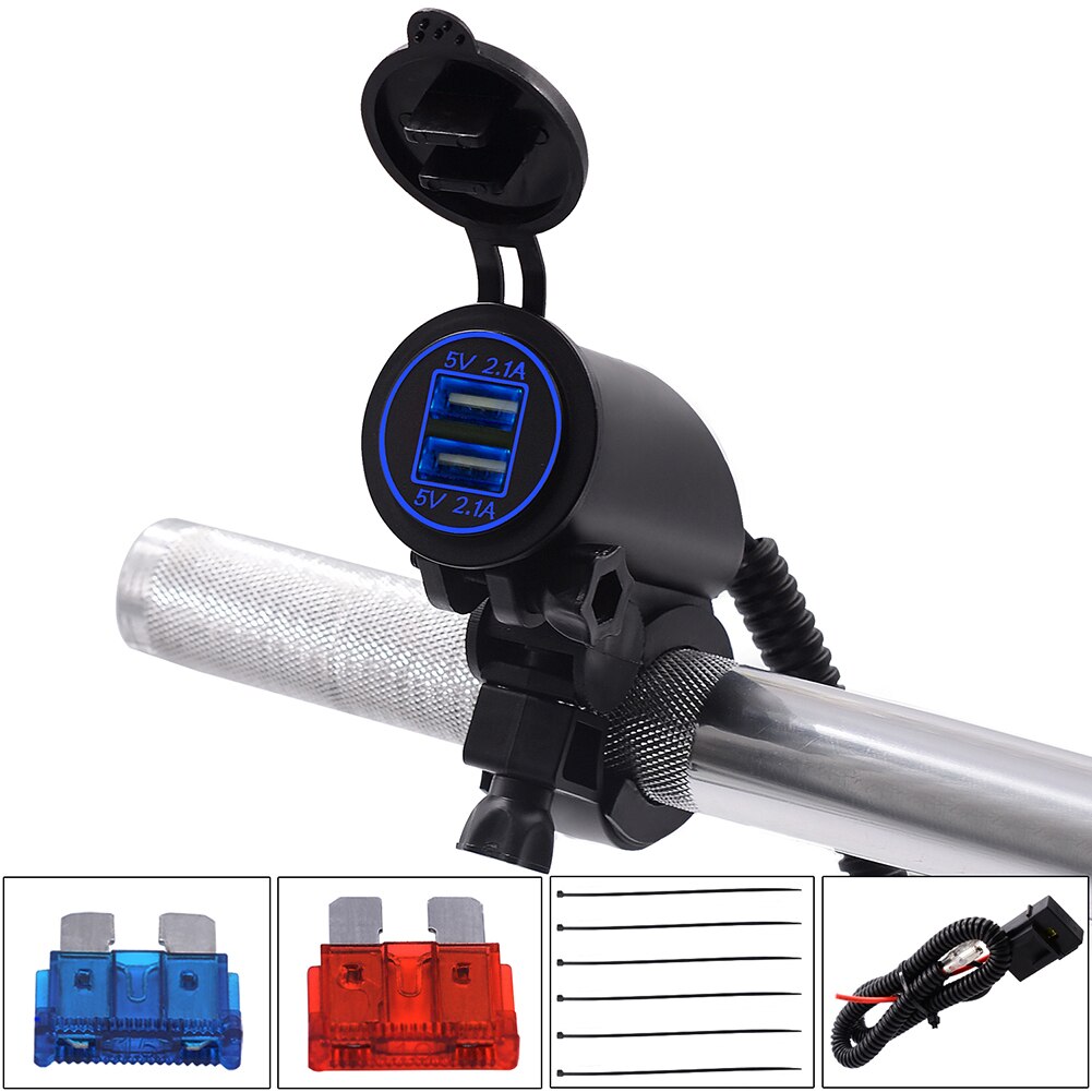 Dual USB Motorcycle Handlebar Charger Dual LED Ring 4.2A Fast Charger IP66 Universal 12V / 24V Modified Faucet Charger