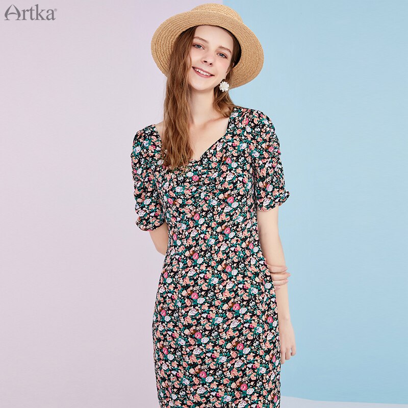 Artka sommar kvinnor klänning franska vintage fyrkant krage klänningar blommigt tryck puff ärm chiffong klänning kvinnor  la25806x