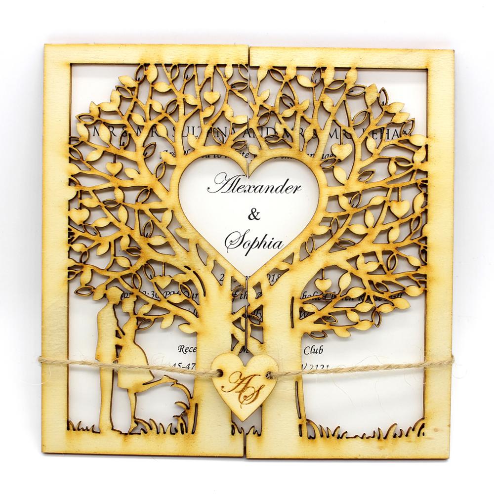 10 styks rustik bryllupsinvitation, træinvitation, papirinvitation, udskåret træ, livets træ, graveret hjerte, monogram