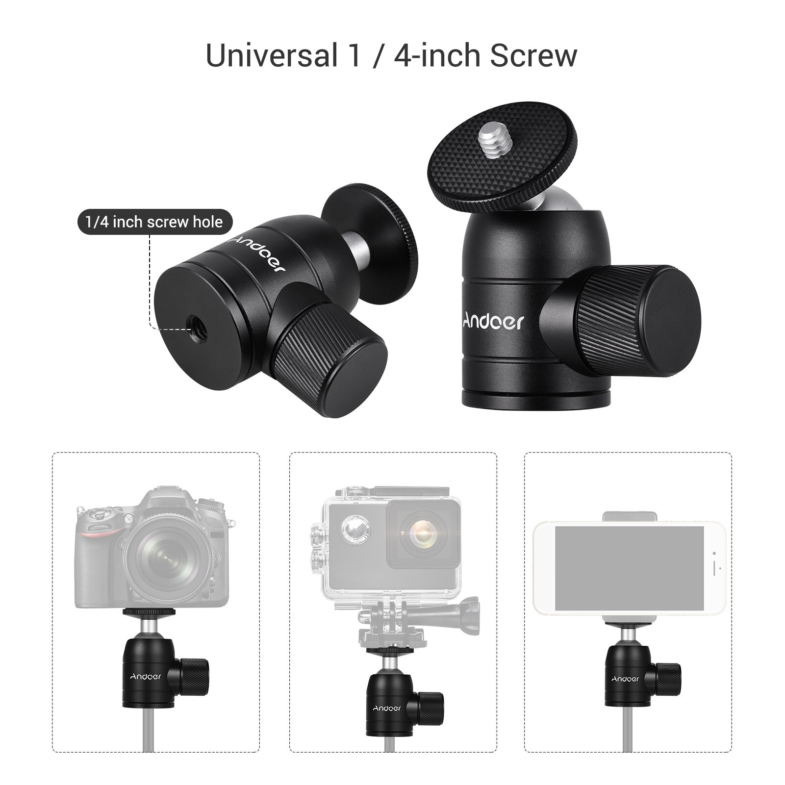 Andoer Aluminum Alloy Mini Ballhead Ball Head 360 Panoramic Head with 1/4 Inch Screw Mount for DSLR ILDC Camera Tripod Monopod