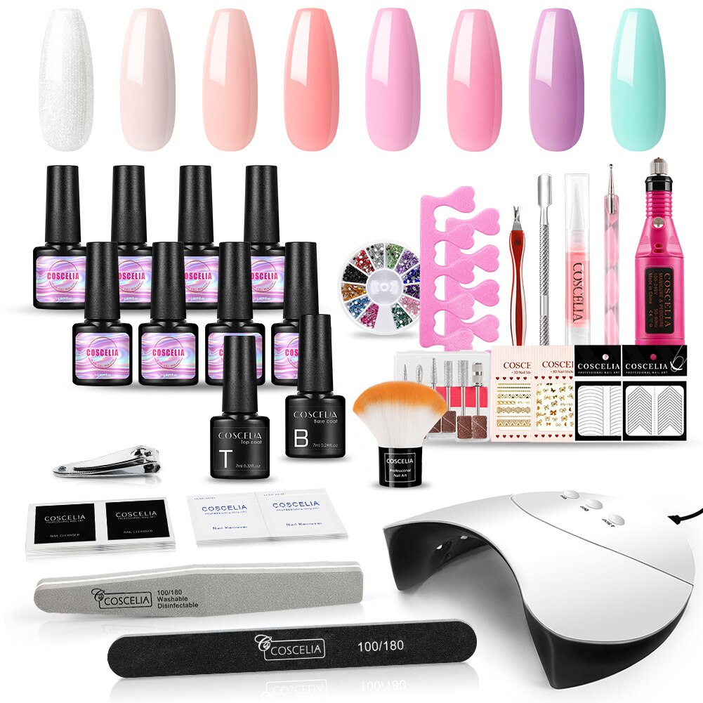 COSCELIA-Juego de esmaltes en Gel para uñas, conjunto de manicura con lámpara LED UV, barniz híbrido semipermanente, herramientas de para decoración de uñas kit uñas semipermanente con lampara with torno uñas: 8PCS Set With Drill