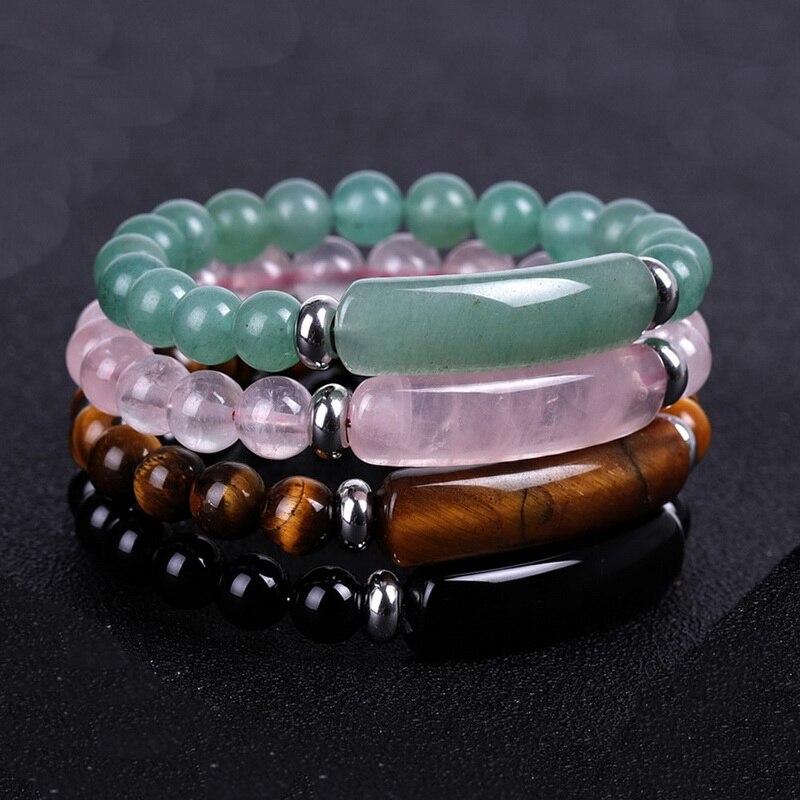 8mm Natural Stone Bracelet Rectangle Bar Charm Beaded Bracelets Handmade Men Women Prayer Fitness Chain Couple Jewelry Xmas