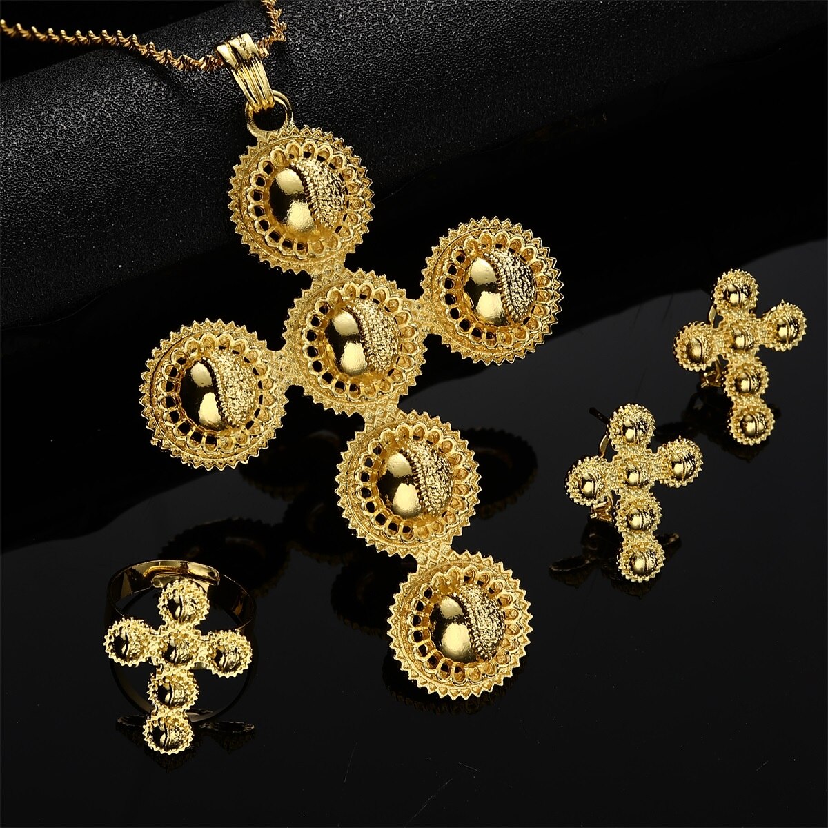 Ethiopische Traditionele Ketting Oorbellen Ethiopië Gold Eritrea Habesha Wedding Cross Sieraden Set