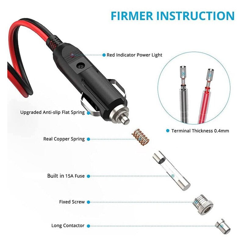 2 Pack 12V Fused Replacement Cigarette-Lighter Male Plug - Cigarette-Lighter Plug - 1FT 16AWG Extension Cable With Fuse