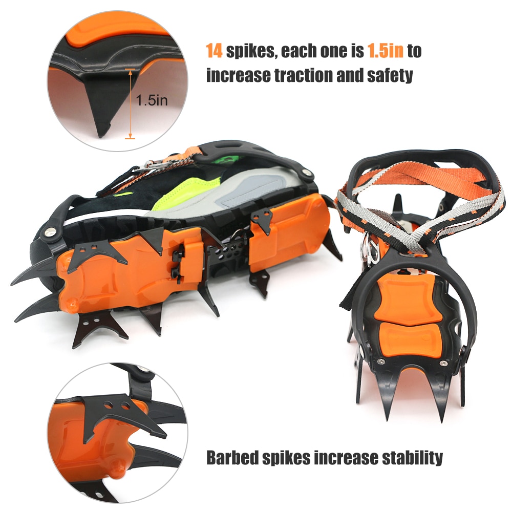 12 Teeth Ice Crampons Climbing Shoes Grippers Ice Gripper Anti-skid Ice Spikes Snow Traction Cleats Carabiner Mountaineering