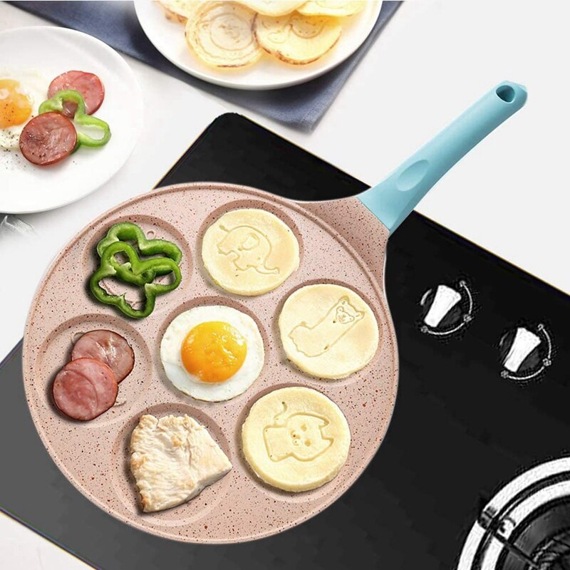 7 Holes Pancake Mold Non-Stick Griddle Maker Animal Face Pancake Steak Cooking Egg Ham Pans with Silicone Spatula