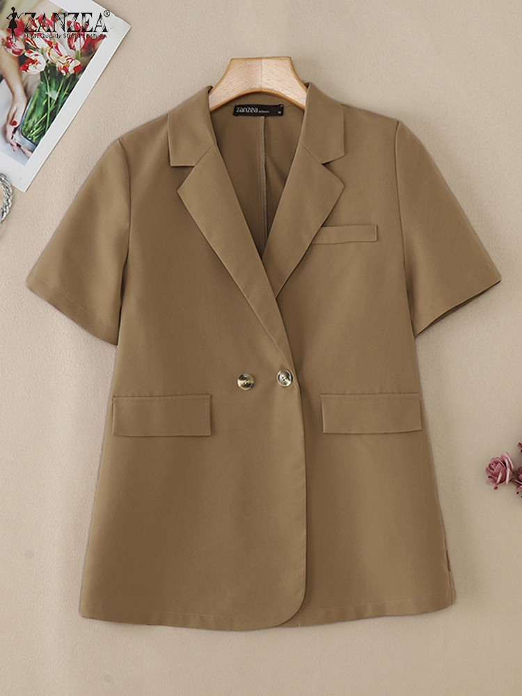 Zanzea dame sommerblazer ensfarvet arbejdsskjorte med revershals og korte ærmer, blazer med jakkesæt, afslappet bluse med knapper