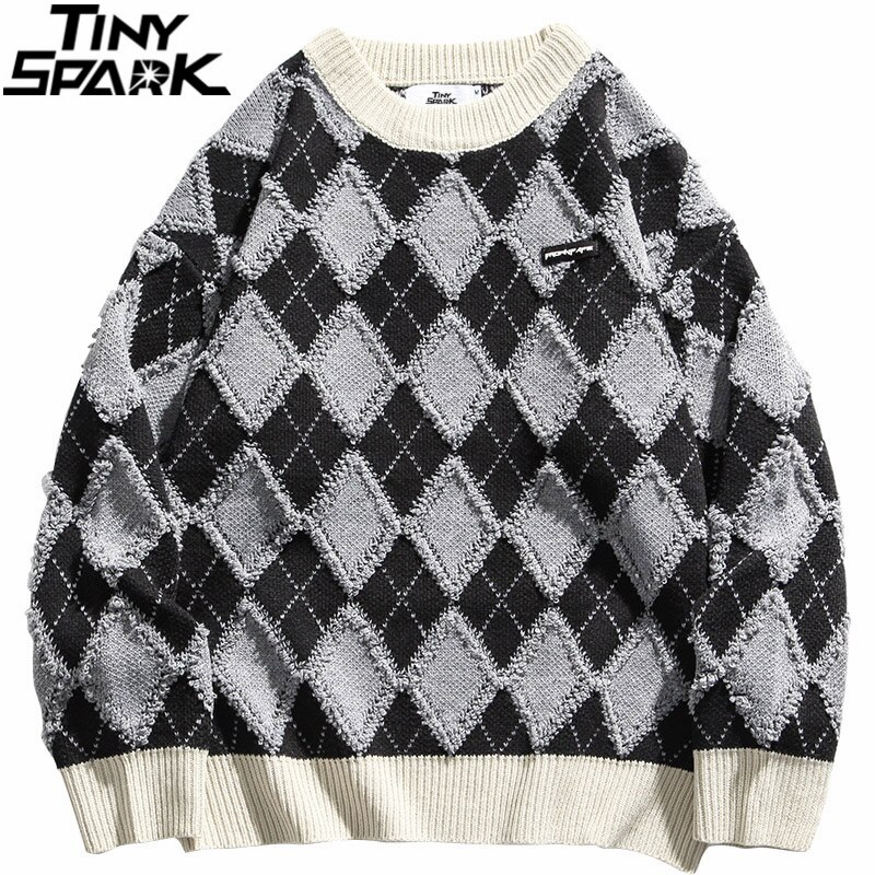 Hip Hop Trui Mannen Streetwear Harajuku Trui Argyle Gebreide Trui Katoen Casual Vintage Retro Plaid Trui Geruite