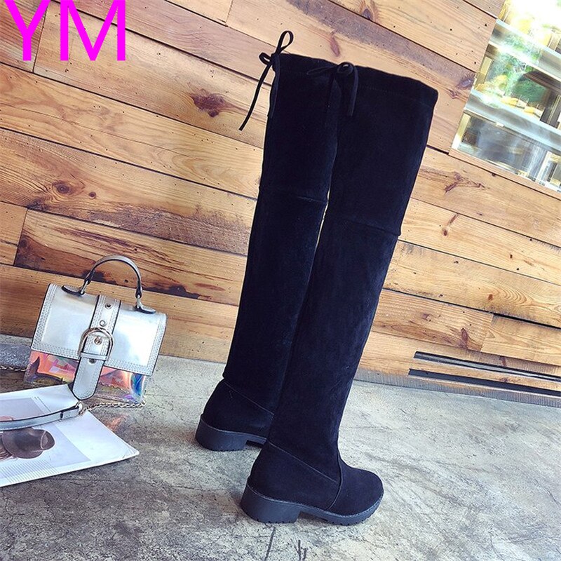 Kvinnor stövlar höst vinter dam platt botten stövlar skor över knä låret höga mocka långa stövlar 35-41